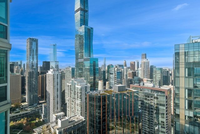 a city view with tall buildings