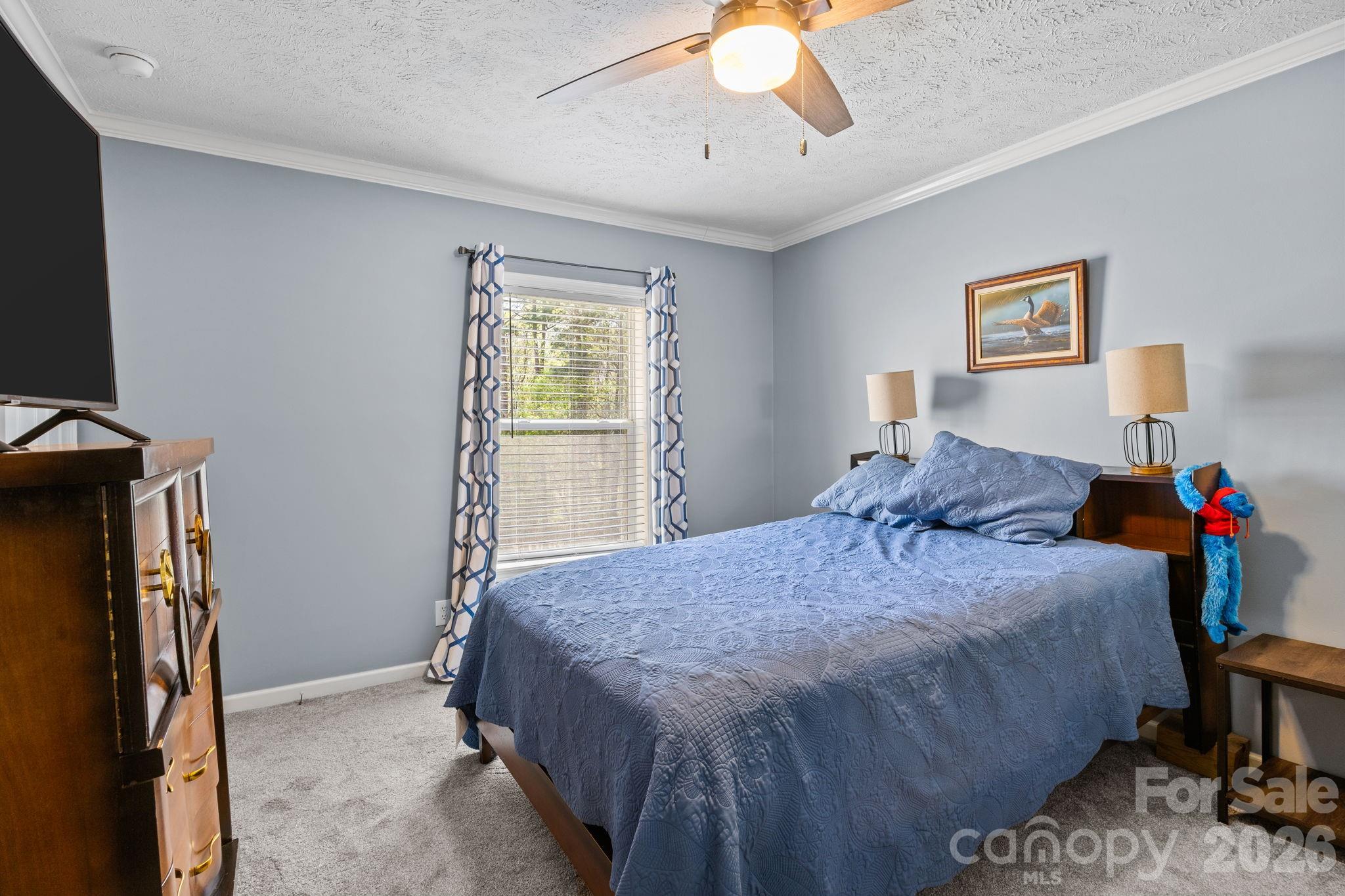 19807 Alpine Road Albemarle, NC 28001 - Photo 18 of 40 a bedroom with a bed and a chandelier