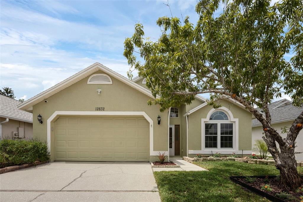 a front view of a house with a yard and garage