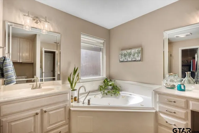 a bathroom with a sink double vanity and a mirror