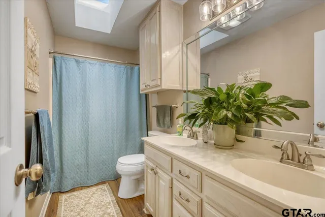 a bathroom with a granite countertop sink a toilet and a mirror