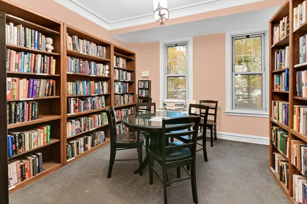 a view of a livingroom with furniture and a bookshelf