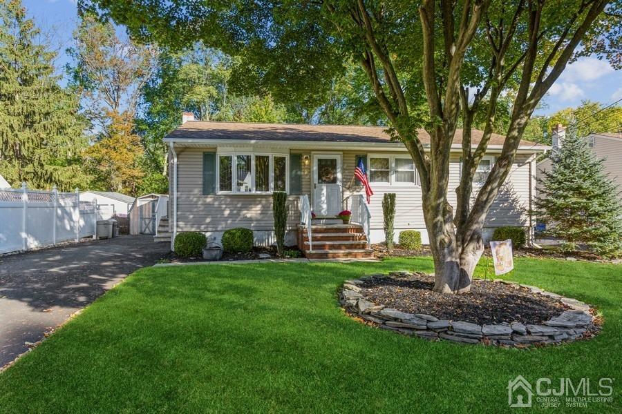 a view of a house with a yard deck and a large tree