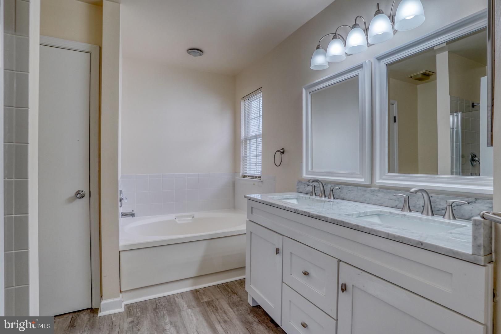 22 Arbor Drive Dover, DE 19904 - Photo 39 of 52 a bathroom with a granite countertop double vanity sink a mirror and a bathtub