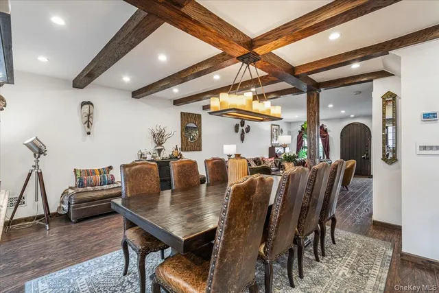 a view of a dining room with furniture