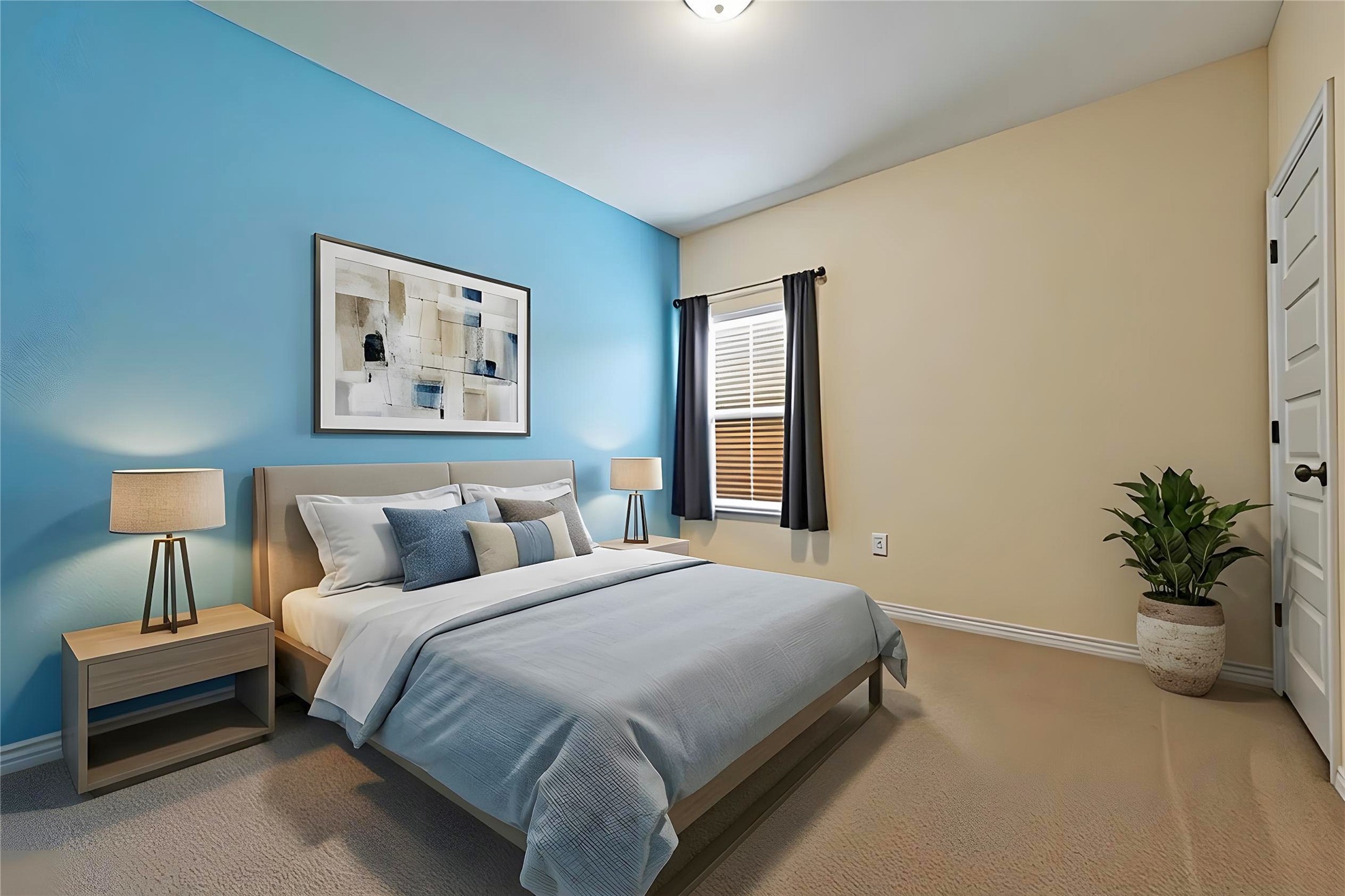 8721 Sikes Way Austin, TX 78747 - Photo 21 of 33 Virtually staged - Bedroom #2 featuring a prominent blue accent wall and neutral carpeting