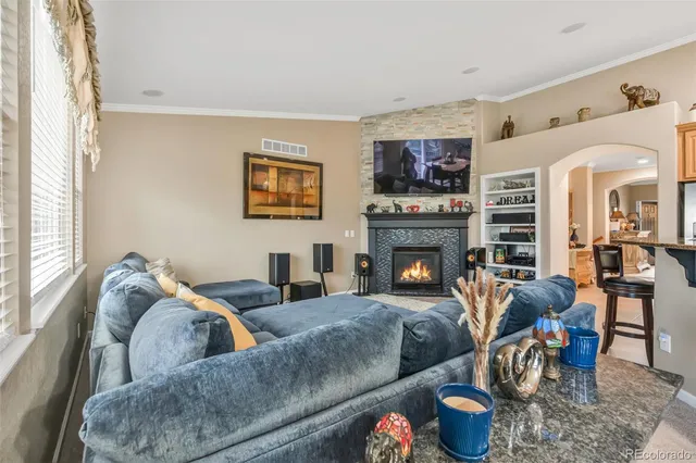 a living room with furniture and a fireplace