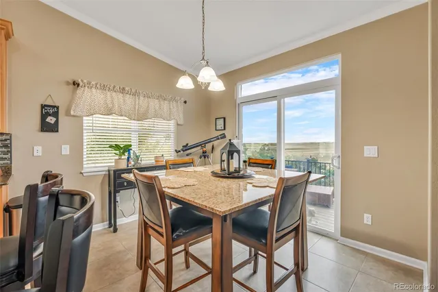 a view of a dining room with furniture window and outside view