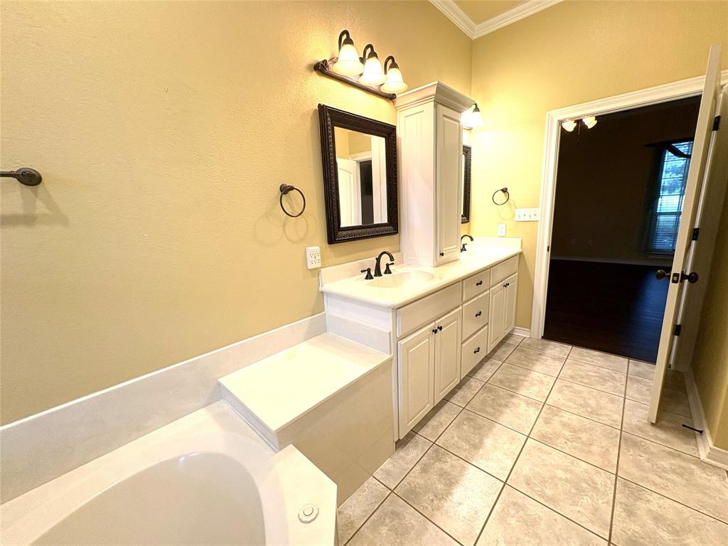 1170 Brazos Loop Gholson, TX 76705 - Photo 22 of 37 Bathroom featuring a double vanity with integrated sinks, a built-in storage cabinet, and a framed mirror