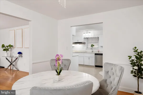 a kitchen with a table potted plant and white cabinets