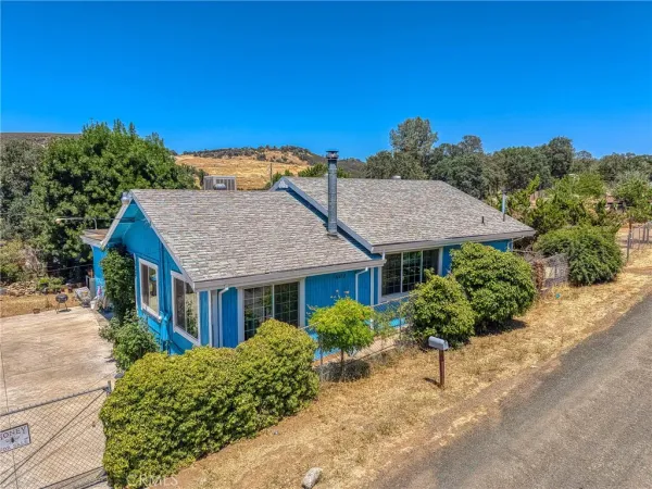 a view of a house with a big yard plants and large tree
