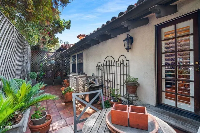 a garden view with a seating space