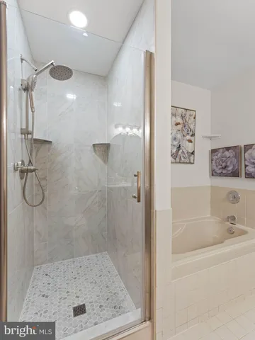 a bathroom with a bath tub and shower