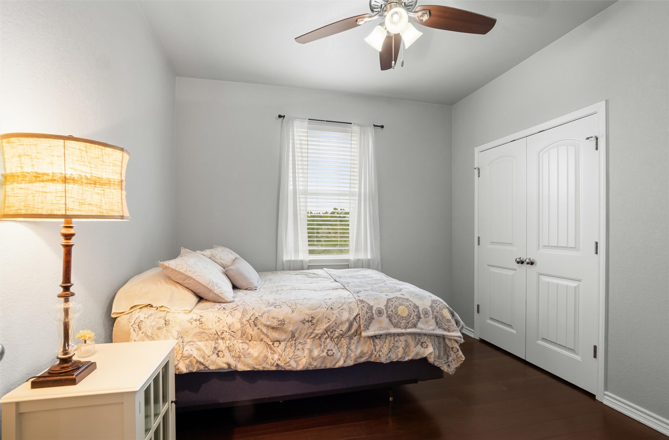 16017 Toby Court Temple, TX 76502 - Photo 19 of 33 Bedroom with dark wood-style flooring, ceiling fan, and a closet