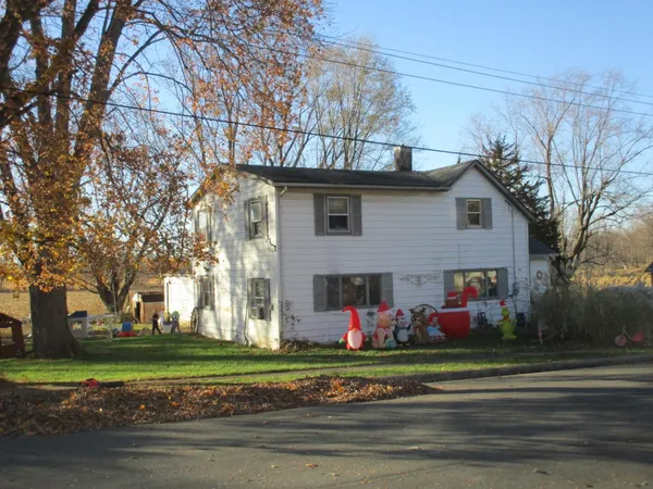 a front view of house with a garden and trees