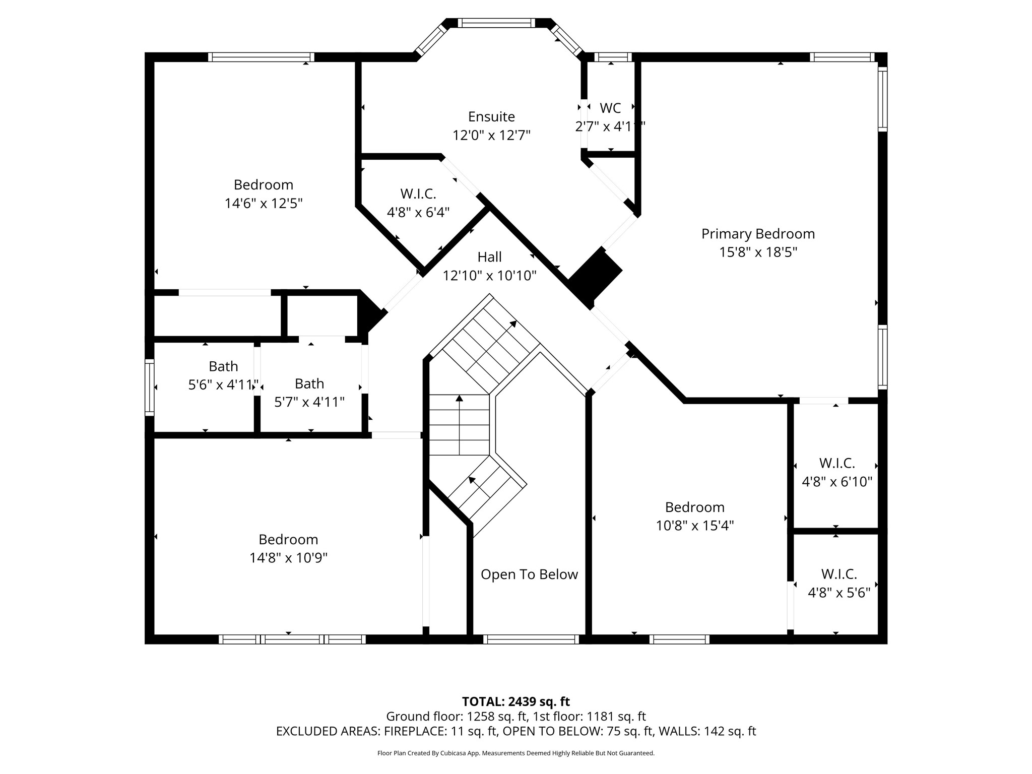16114 Kintyre Point Road Houston, TX 77095 - Photo 43 of 44 This floor plan features a spacious layout with a primary bedroom including an ensuite and walk-in closet. There are three additional bedrooms, two bathrooms, and a central hallway. Notably, there is an open space above the staircase, providing an airy feel. Total area is 2,439 sq. ft.