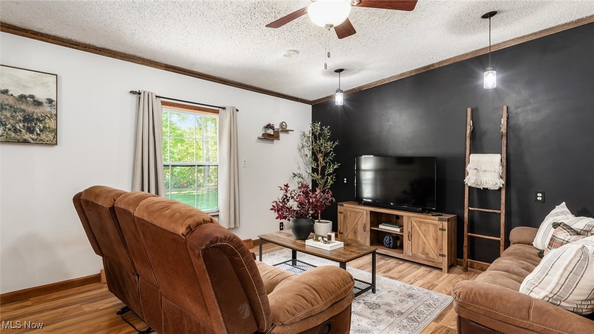 13306 Fairview Road Southeast Newark, OH 43056 - Photo 19 of 48 Living area featuring crown molding, wood finished floors, ceiling fan, and a textured ceiling