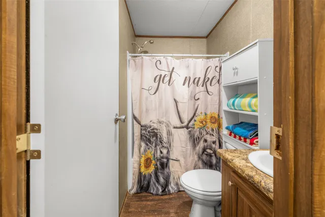 a bathroom with a toilet and a shower curtain