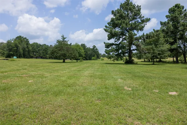 a view of a field with trees in the background