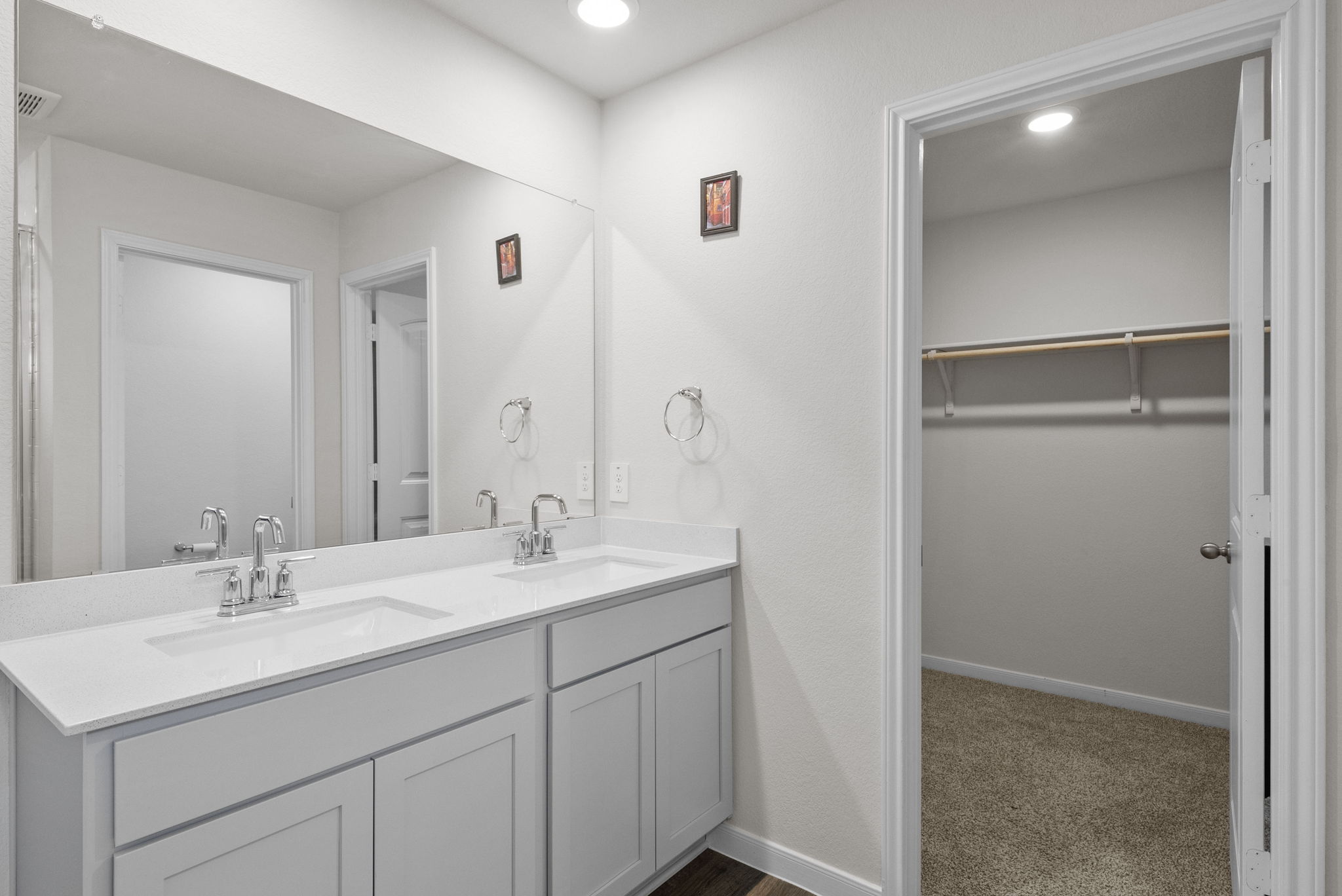 320 Darwin Place Lockhart, TX 78644 - Photo 26 of 31 Full bathroom with double vanity, a spacious closet, recessed lighting, and dark carpet