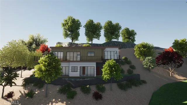 a view of a house with a yard and a garden