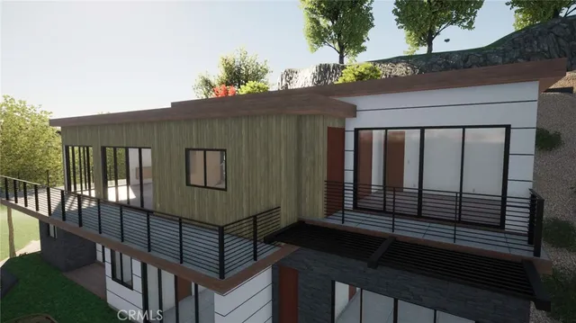 a view of backyard with deck and wooden floor