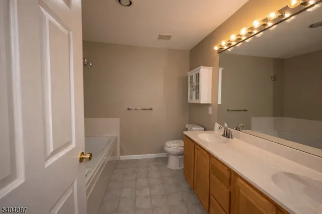 a bathroom with a double vanity sink mirror and toilet