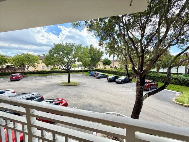 a view of a park with large trees