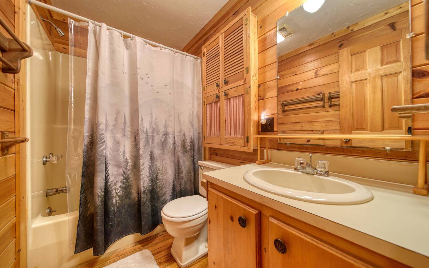 219 Forest Crescent Blue Ridge, GA 30513 - Photo 54 of 75 a bathroom with a sink a toilet and shower curtain