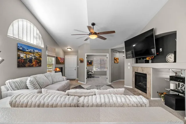 a living room with furniture a flat screen tv and a fireplace
