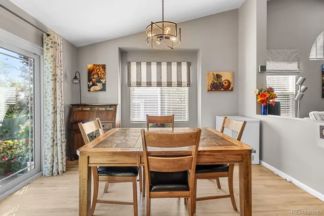 a view of a dining room with furniture window and outside view