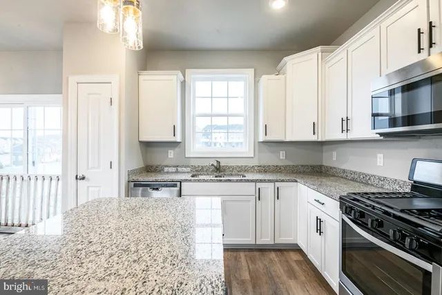 a kitchen with stainless steel appliances granite countertop a stove a sink and a microwave