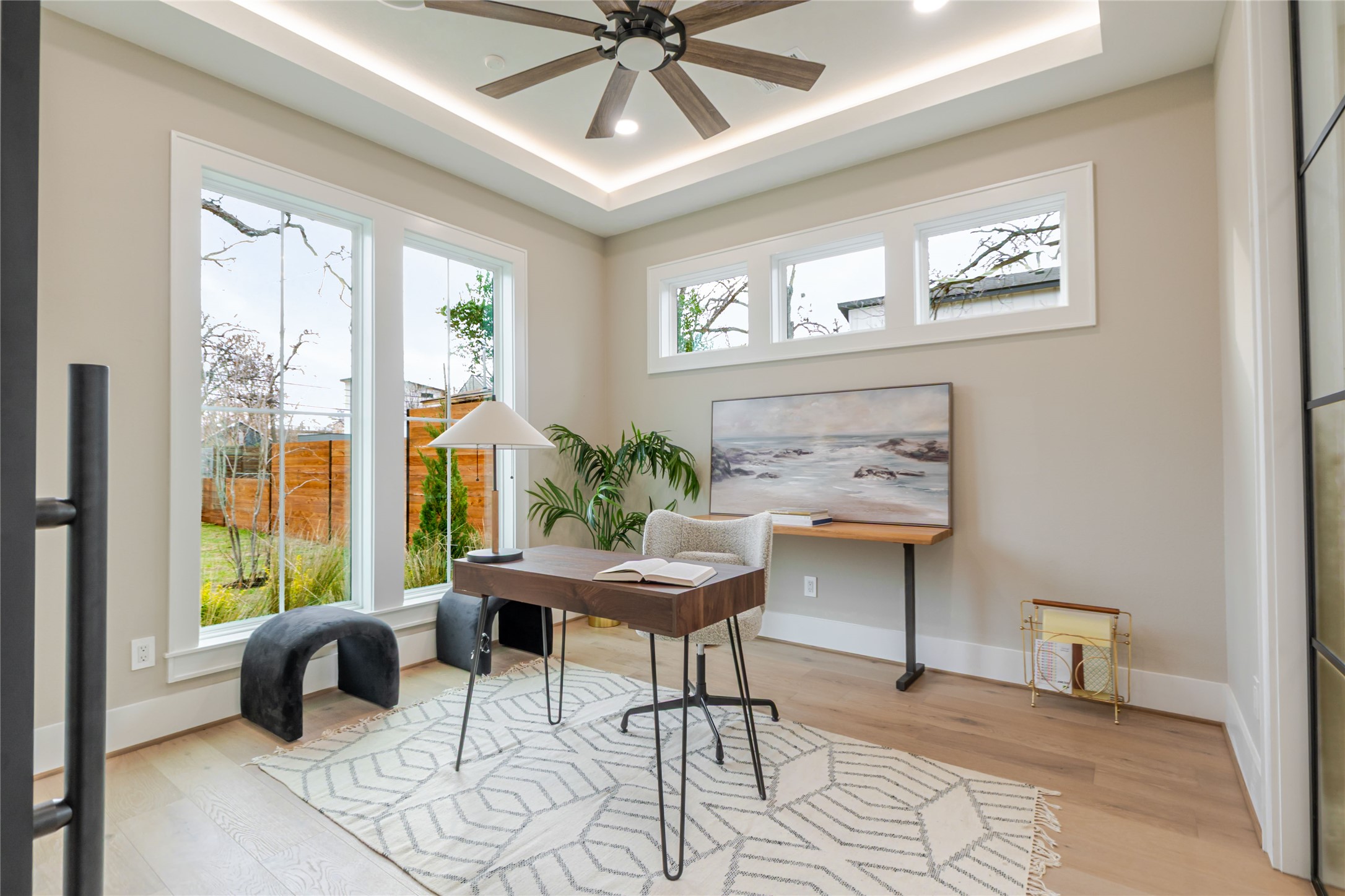 3100 Garwood Street Austin, TX 78702 - Photo 8 of 25 Home office featuring light wood-style flooring, a ceiling fan, and recessed lighting