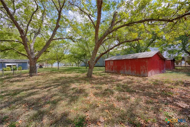 a big yard with large trees