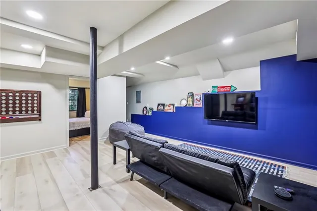 a view of a room with shelves