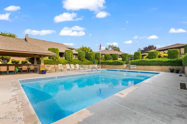 a view of a swimming pool with an outdoor seating and a garden