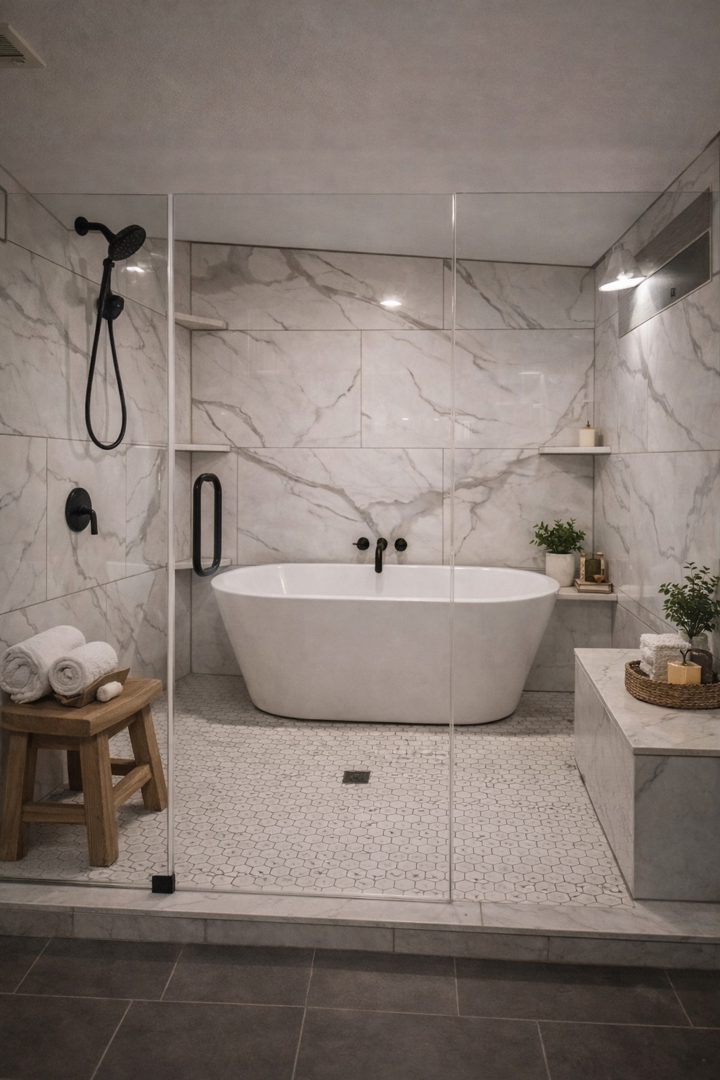 991 Kovar Road, Unit D Flatonia, TX 78941 - Photo 13 of 15 AI used in picture for decor- Full bathroom with a freestanding bath, tile walls, dark tile patterned floors, and a marble finish shower