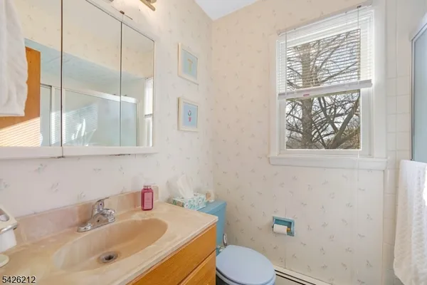 a bathroom with a sink vanity mirror and toilet