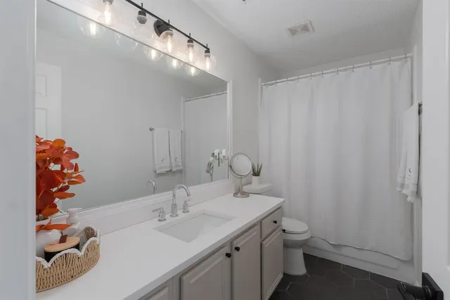 a bathroom with a sink vanity mirror and toilet