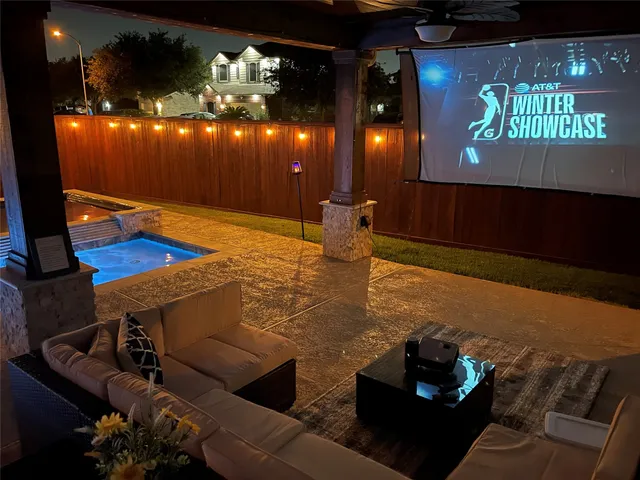 a view of a balcony with a fireplace