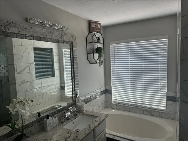 a bathroom with a granite countertop sink and a bathtub