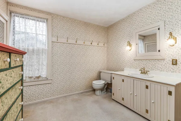 a bathroom with a toilet a sink a vanity and mirror