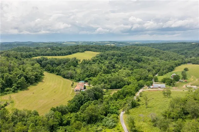an aerial view of residential houses with outdoor space and trees
