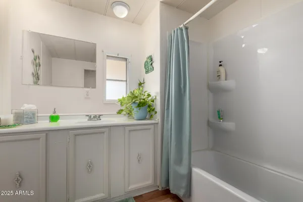 a bathroom with a bathtub sink and mirror