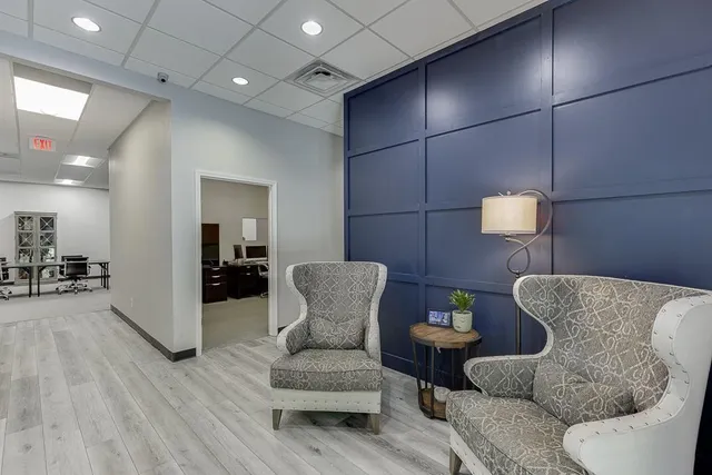a view of a dining room with furniture