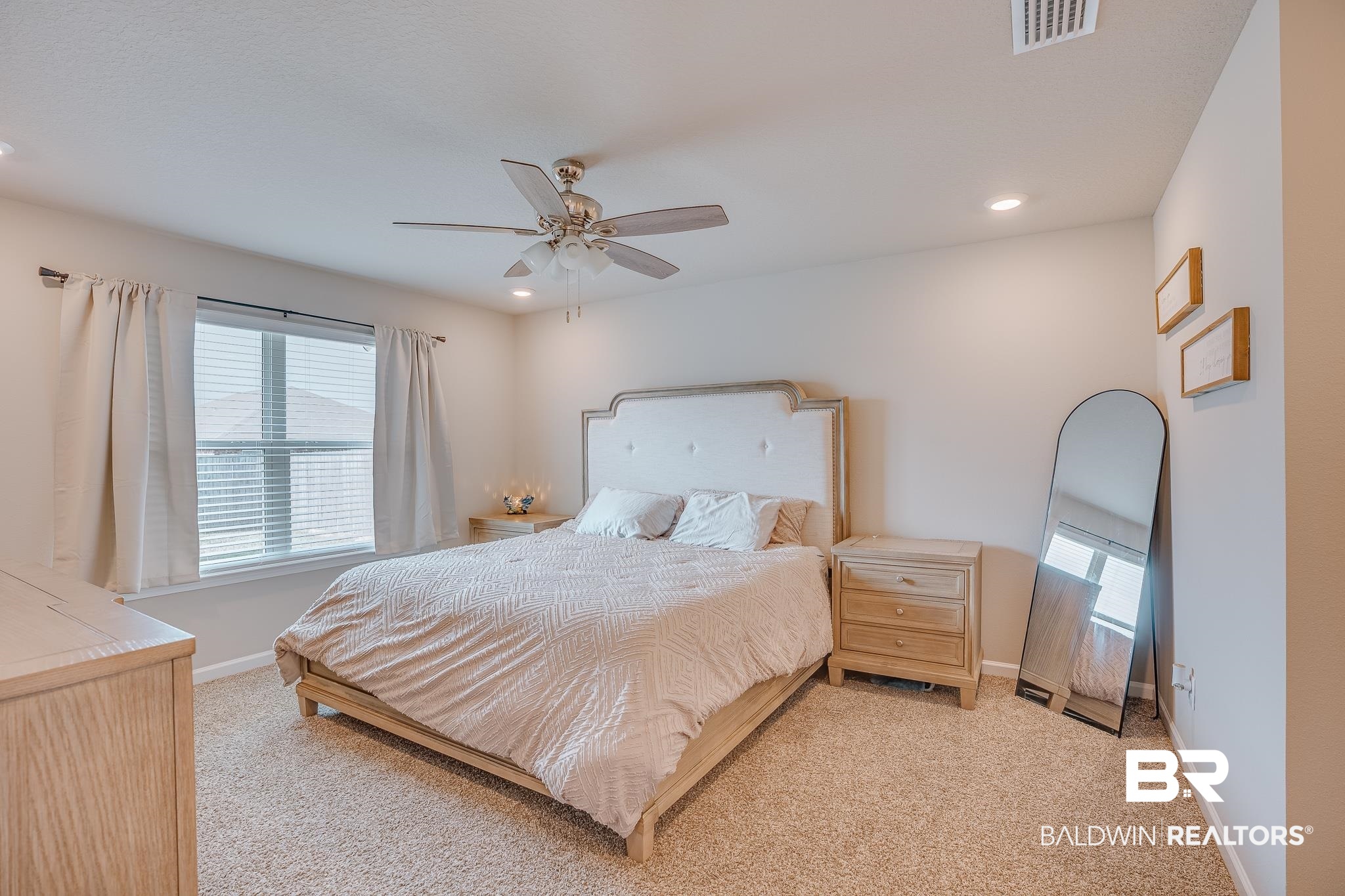 8242 Sycamore Way Semmes, AL 36575 - Photo 17 of 43 Bedroom featuring light colored carpet, a ceiling fan, and recessed lighting