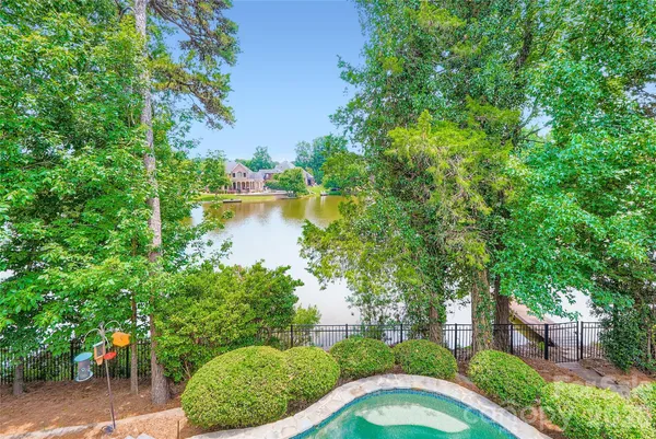 a view of a garden with a lake view