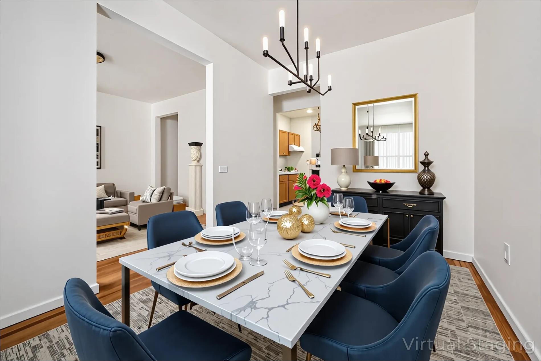 a view of a dining room with furniture a chandelier and wooden floor