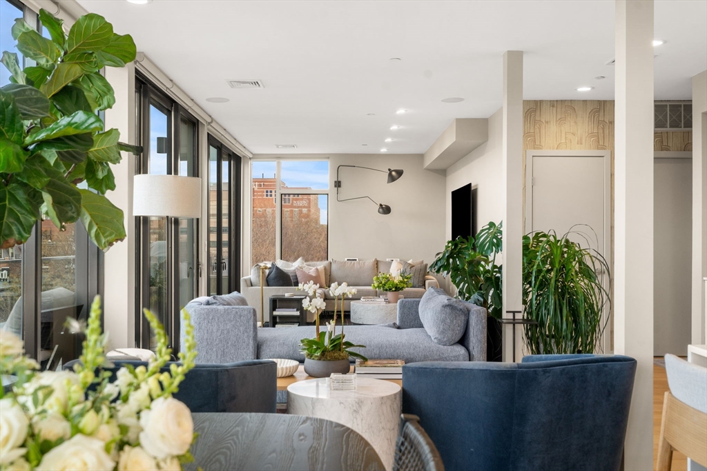 a living room with furniture potted plant and a window