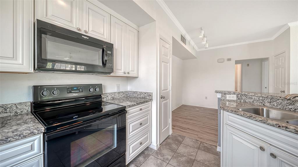 5501 Rosehill Road, Unit 105 Sarasota, FL 34233 - Photo 17 of 45 a kitchen with granite countertop a stove microwave and sink
